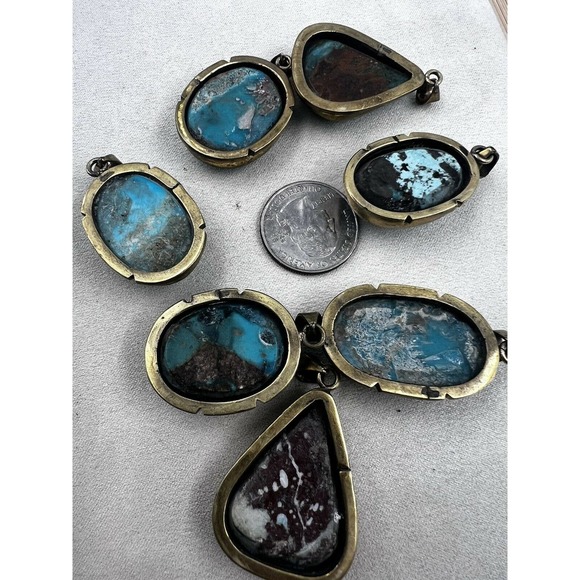8 Natural Persian Turquoise Pendants Metal Brass Bulk Lot - Picture 4 of 10